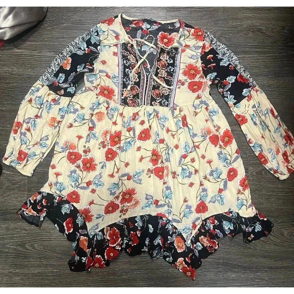 Patrons of Peace Dress Rayon Long Sleeve Babydoll Flowy Boho Peasant Tunic Med